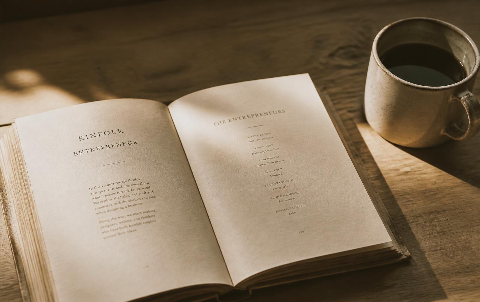 Sebuah ebook terbuka di atas meja kayu bersama secawan kopi